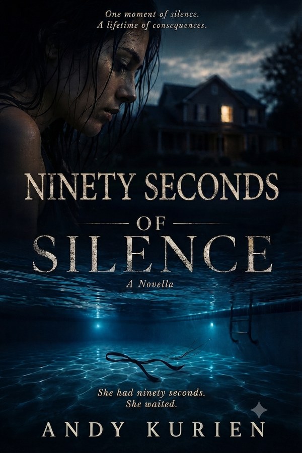 Cover of Ninety Seconds of Silence, a novella by Andy Kurien, showing a woman above dark pool water at night with a house in the background